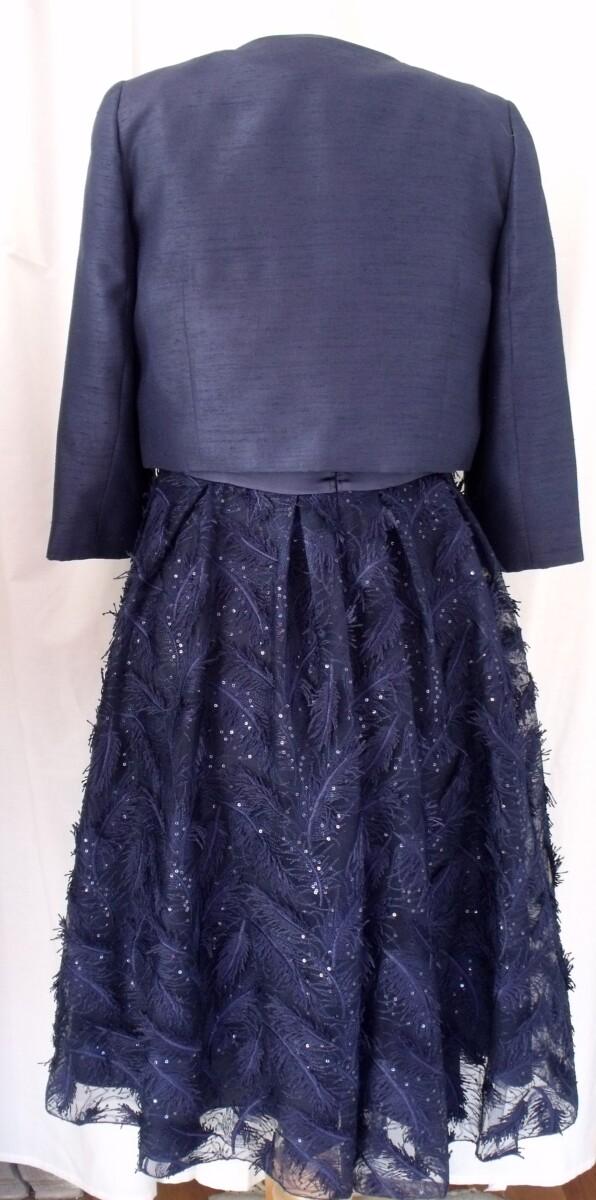 Jacques Vert NAVY BLUE FEATHER APPLIQUE PROM DRESS SATIN CUMBERBAND NAVY SHANTUNG SHORT JACKET