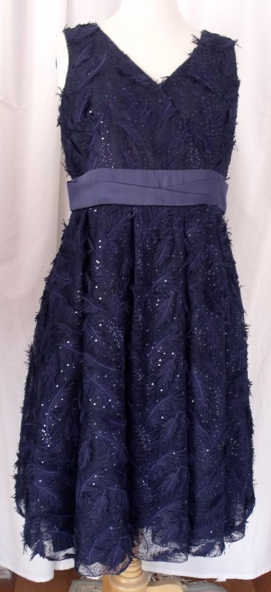Jacques Vert NAVY BLUE FEATHER APPLIQUE PROM DRESS SATIN CUMBERBAND NAVY SHANTUNG SHORT JACKET