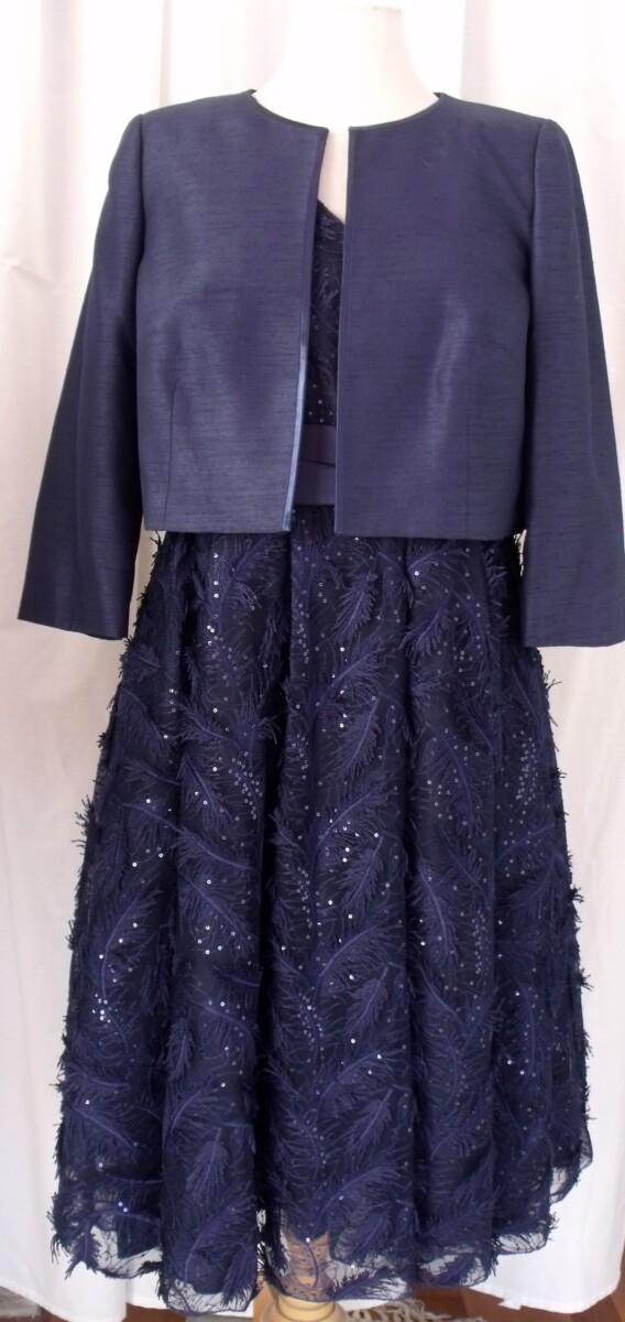 jacques vert NAVY BLUE FEATHER APPLIQUE PROM DRESS SATIN CUMBERBAND NAVY SHANTUNG SHORT JACKET
