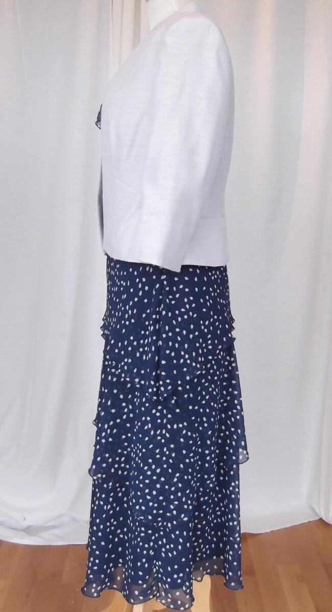 Jacques Vert NAVY CHIFFON DRESS SILVER TEARDROP PRINT WATERFALL FRILLS MATCHING SILVER GREY JACKET