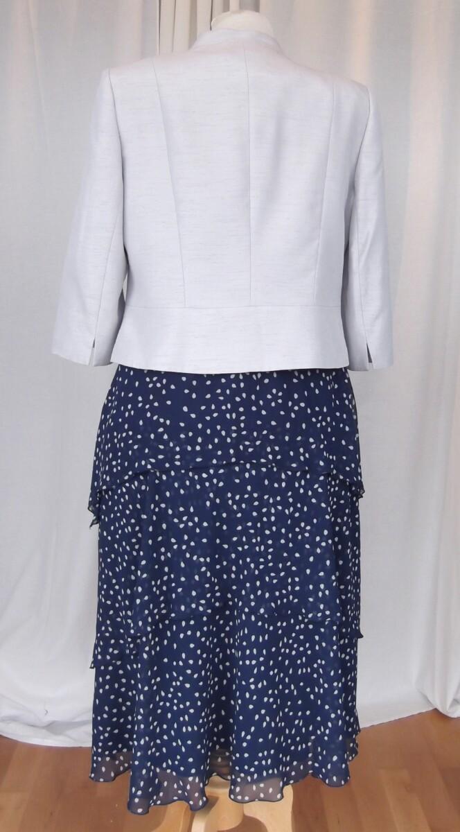 Jacques Vert NAVY CHIFFON DRESS SILVER TEARDROP PRINT WATERFALL FRILLS MATCHING SILVER GREY JACKET