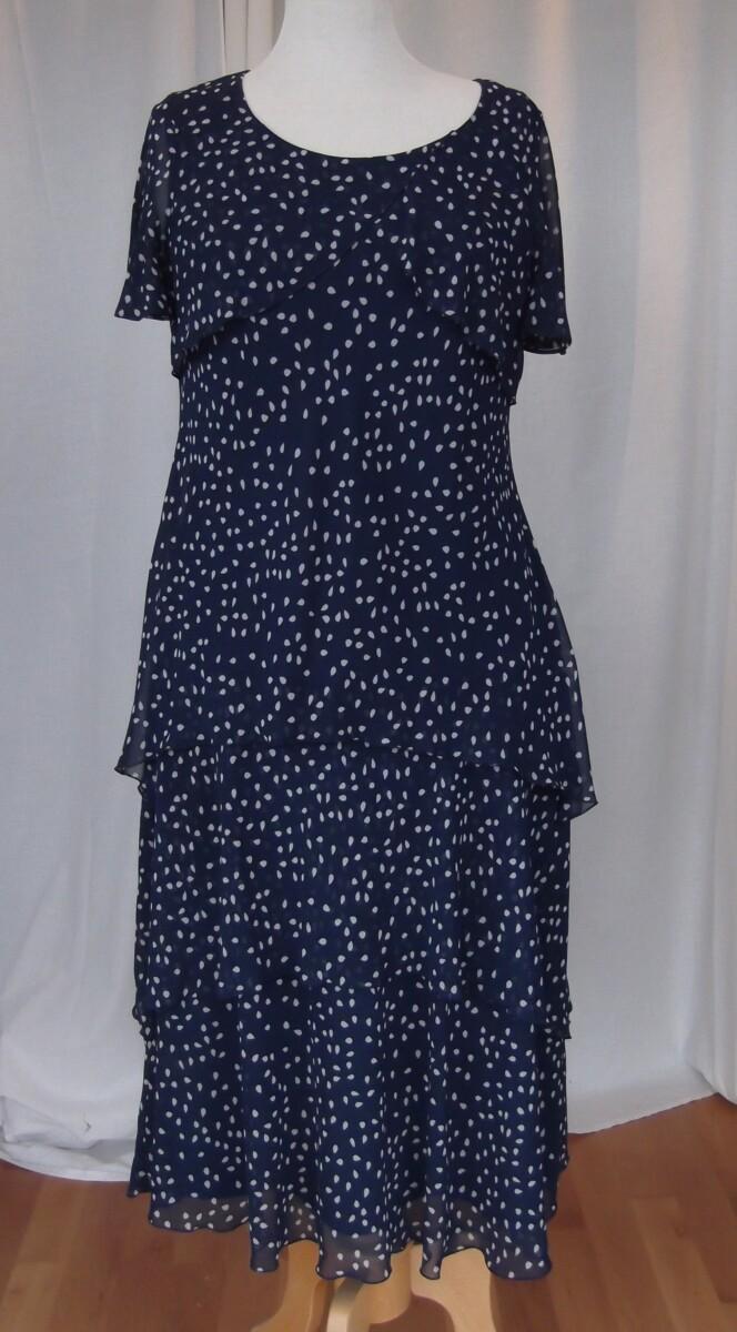 Jacques Vert NAVY CHIFFON DRESS SILVER TEARDROP PRINT WATERFALL FRILLS MATCHING SILVER GREY JACKET