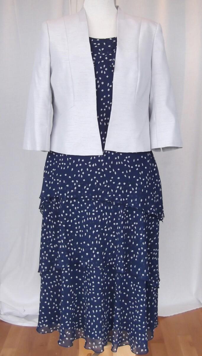 jacques vert NAVY CHIFFON DRESS SILVER TEARDROP PRINT WATERFALL FRILLS MATCHING SILVER GREY JACKET