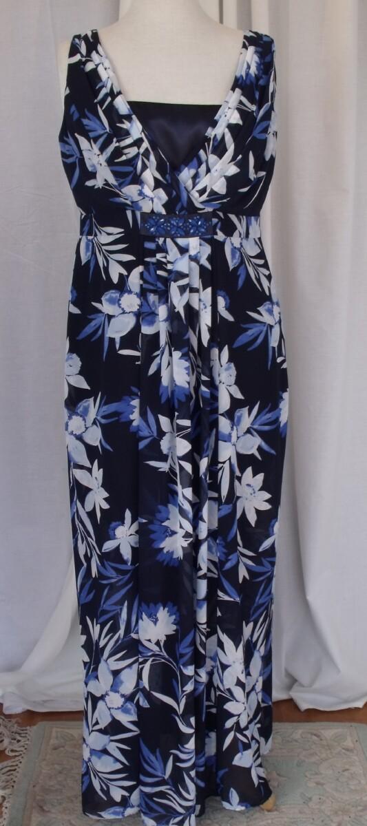 Jacques Vert NAVY CREPE CHIFFON MAXI DRESS TROPICAL PRINT & MATCHING CREPE CHIFFON JACKET