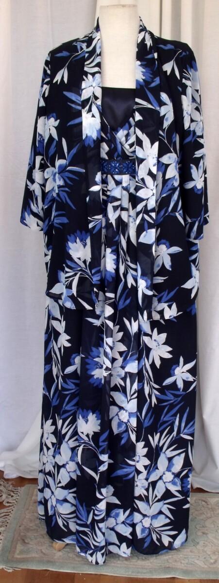 jacques vert NAVY CREPE CHIFFON MAXI DRESS TROPICAL PRINT & MATCHING CREPE CHIFFON JACKET