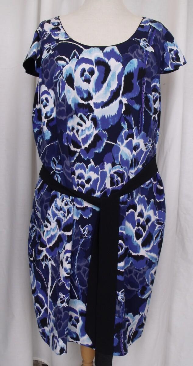 Jacques Vert NAVY GLAZED FABRIC SHIFT DRESS LARGE FLOWER HEAD PRINT IN IVORY BLACK & COBALT BLUE & TAILORED COBALT BLUE CREPE JACKET