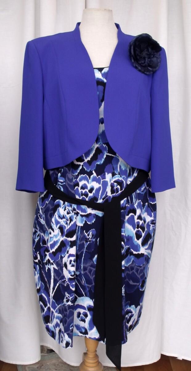 jacques vert NAVY GLAZED FABRIC SHIFT DRESS LARGE FLOWER HEAD PRINT IN IVORY BLACK & COBALT BLUE & TAILORED COBALT BLUE CREPE JACKET