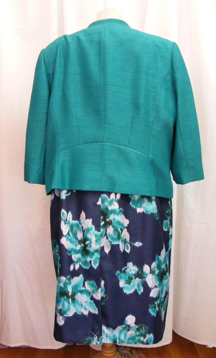 Jacques Vert NAVY SHANTUNG BLURRED EMERALD GREEN FLORAL PRINT SHIFT DRESS & MATCHING EMERALD GREEN SHANTUNG JACKET