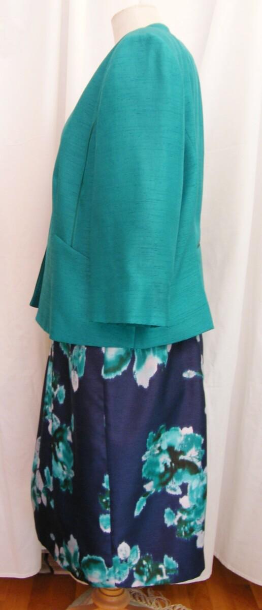 Jacques Vert NAVY SHANTUNG BLURRED EMERALD GREEN FLORAL PRINT SHIFT DRESS & MATCHING EMERALD GREEN SHANTUNG JACKET