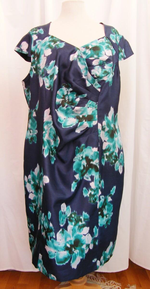 Jacques Vert NAVY SHANTUNG BLURRED EMERALD GREEN FLORAL PRINT SHIFT DRESS & MATCHING EMERALD GREEN SHANTUNG JACKET