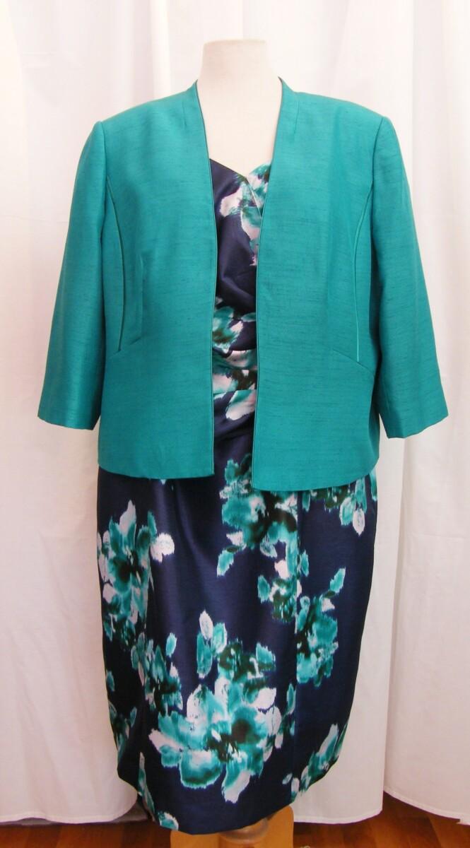 jacques vert NAVY SHANTUNG BLURRED EMERALD GREEN FLORAL PRINT SHIFT DRESS & MATCHING EMERALD GREEN SHANTUNG JACKET