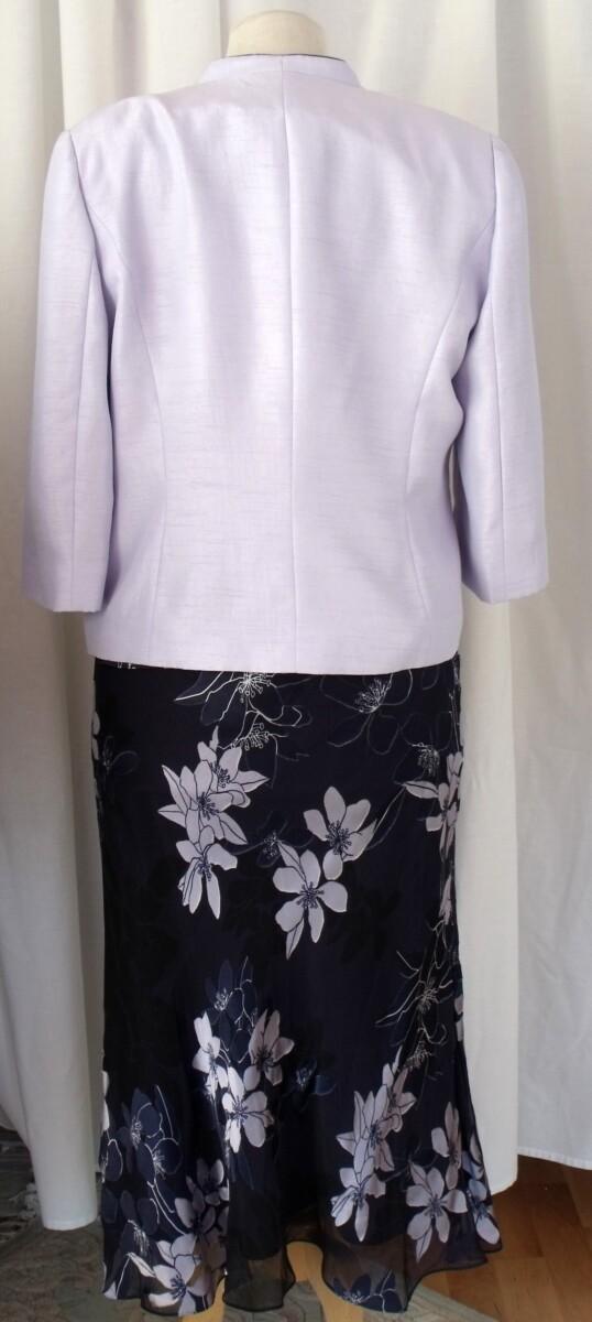Jacques Vert NAVY SILK DEVORE SKIRT & TOP LILAC FLORAL BOUQUET PRINT & LILAC SHANTUNG JACKET NAVY PIPING