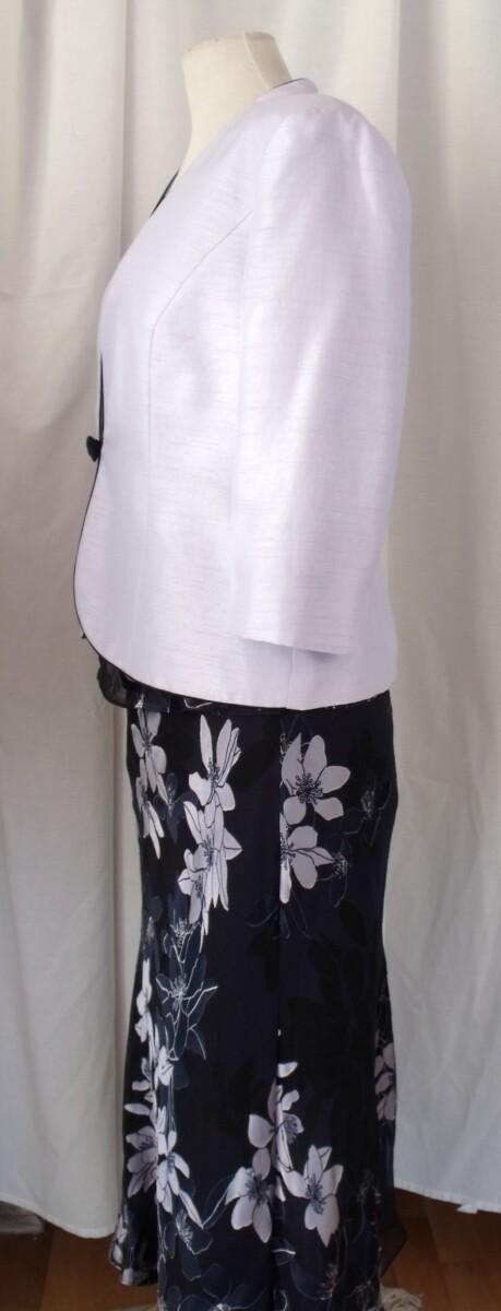 Jacques Vert NAVY SILK DEVORE SKIRT & TOP LILAC FLORAL BOUQUET PRINT & LILAC SHANTUNG JACKET NAVY PIPING