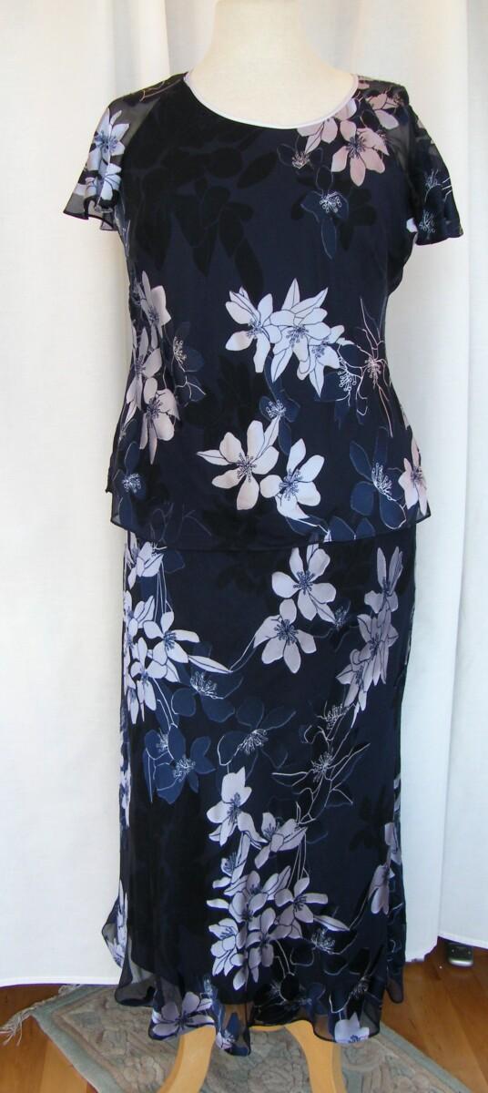 Jacques Vert NAVY SILK DEVORE SKIRT & TOP LILAC FLORAL BOUQUET PRINT & LILAC SHANTUNG JACKET NAVY PIPING