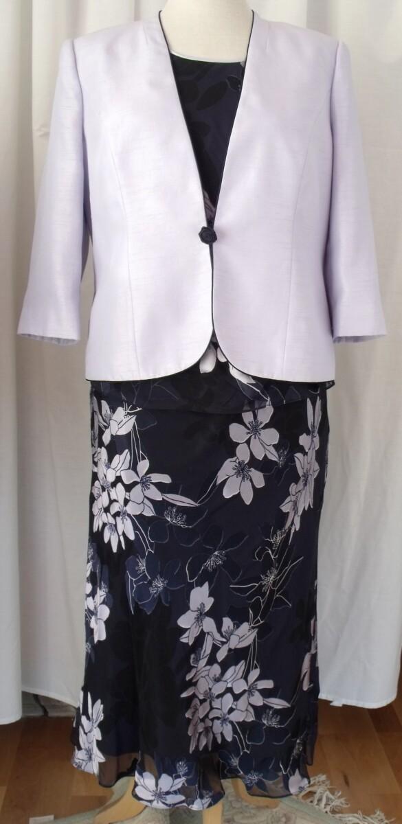 jacques vert NAVY SILK DEVORE SKIRT & TOP LILAC FLORAL BOUQUET PRINT & LILAC SHANTUNG JACKET NAVY PIPING