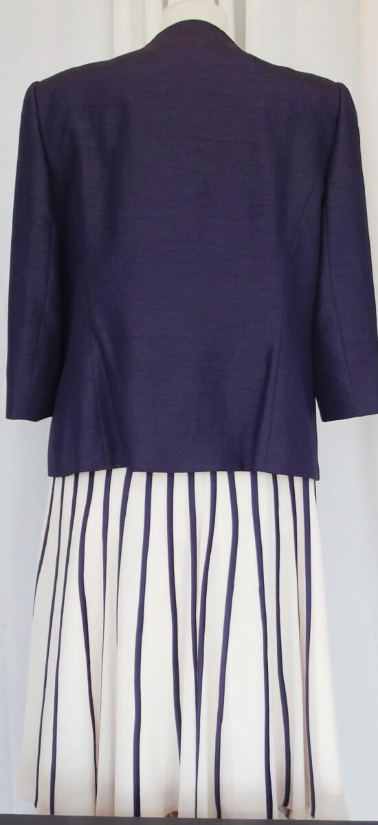 Jacques Vert NEW DAMSON RANGE IVORY CHIFFON DRESS BANDED VERTICALLY WITH PURPLE SILK RIBBONS & DAMSON PURPLE SHANTUNG JACKET