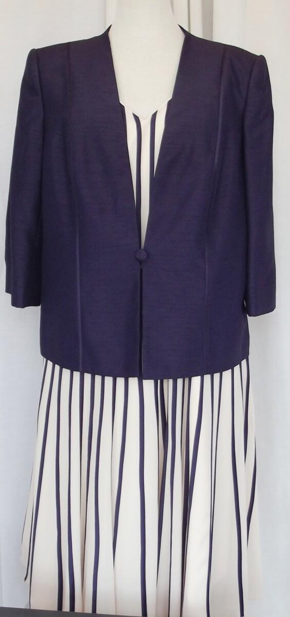 jacques vert NEW DAMSON RANGE IVORY CHIFFON DRESS BANDED VERTICALLY WITH PURPLE SILK RIBBONS & DAMSON PURPLE SHANTUNG JACKET