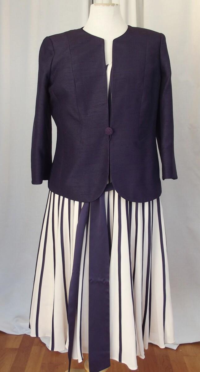 jacques vert NEW DAMSON RANGE IVORY CHIFFON DRESS VERTICAL BANDS OF PURPLE SILK RIBBONS & DAMSON PURPLE SHANTUNG JACKET