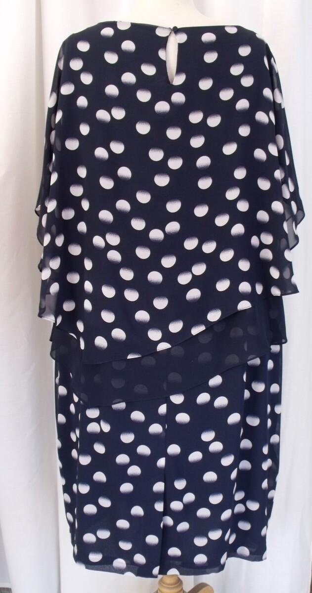 Jacques Vert NEW SPOT LAYERS DRESS NAVY CREPE CHIFFON SHIFT DRESS LARGE RANDOM SPOT PRINT SHEER CHIFFON COLD SHOULDER TOP