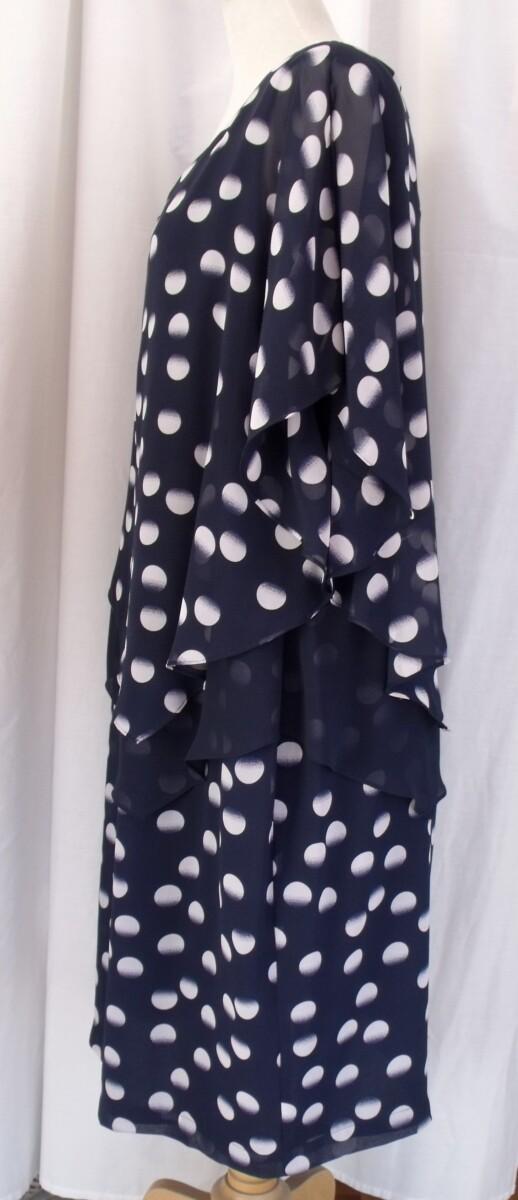 Jacques Vert NEW SPOT LAYERS DRESS NAVY CREPE CHIFFON SHIFT DRESS LARGE RANDOM SPOT PRINT SHEER CHIFFON COLD SHOULDER TOP