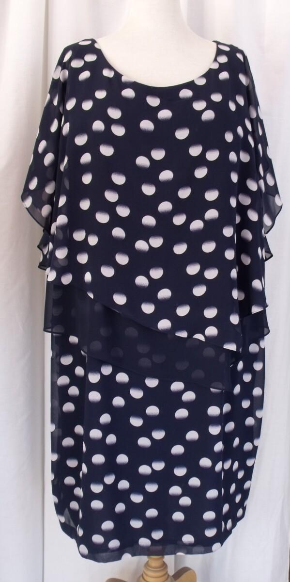 jacques vert NEW SPOT LAYERS DRESS NAVY CREPE CHIFFON SHIFT DRESS LARGE RANDOM SPOT PRINT SHEER CHIFFON COLD SHOULDER TOP
