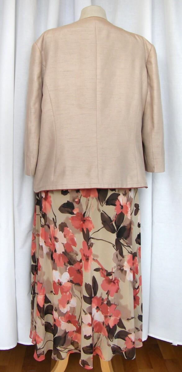 Jacques Vert OLD GOLD RANGE GOLD CHIFFON TERACOTTA FLORAL PRINT SKIRT & TOP MATCHING GOLD SHANTUNG JACKET EDGED IN TERACOTTA