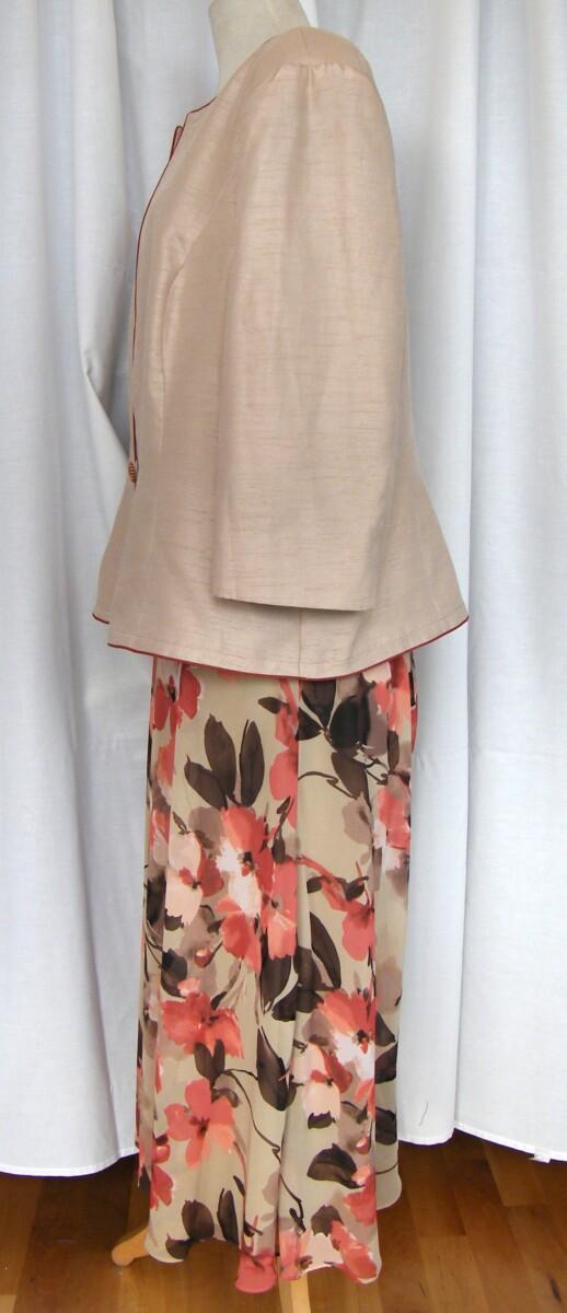 Jacques Vert OLD GOLD RANGE GOLD CHIFFON TERACOTTA FLORAL PRINT SKIRT & TOP MATCHING GOLD SHANTUNG JACKET EDGED IN TERACOTTA