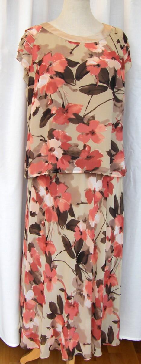 Jacques Vert OLD GOLD RANGE GOLD CHIFFON TERACOTTA FLORAL PRINT SKIRT & TOP MATCHING GOLD SHANTUNG JACKET EDGED IN TERACOTTA