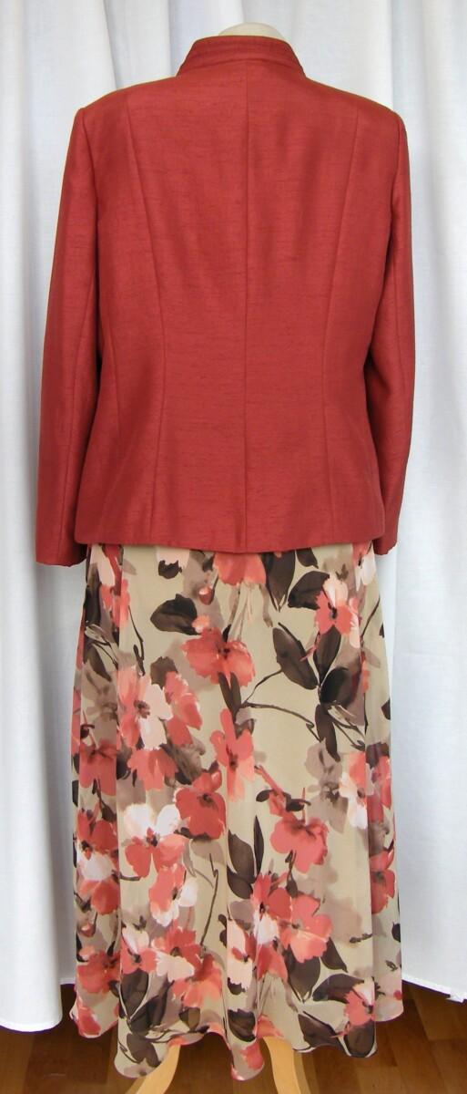 Jacques Vert OLD GOLD RANGE GOLD CHIFFON TERACOTTA FLORAL PRINT SKIRT & TOP MATCHING TERRACOTTA SHANTUNG JACKET