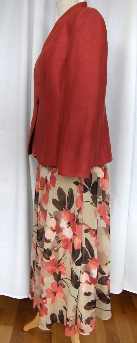 Jacques Vert OLD GOLD RANGE GOLD CHIFFON TERACOTTA FLORAL PRINT SKIRT & TOP MATCHING TERRACOTTA SHANTUNG JACKET