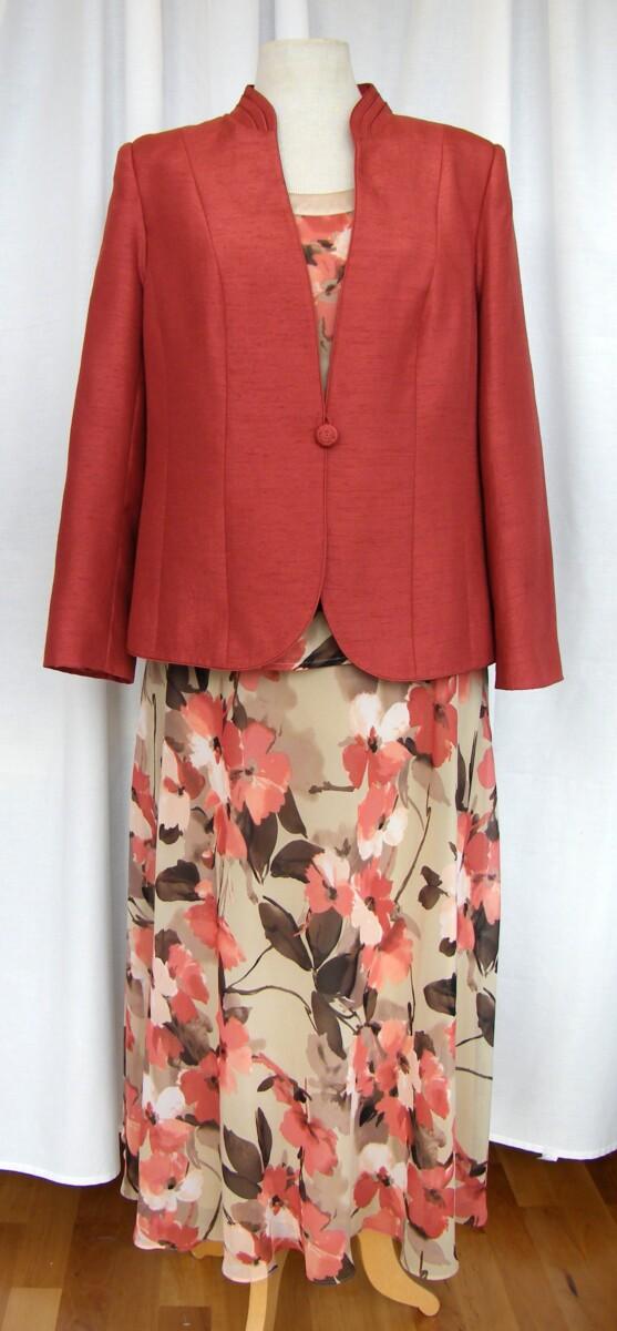 jacques vert OLD GOLD RANGE GOLD CHIFFON TERACOTTA FLORAL PRINT SKIRT & TOP MATCHING TERRACOTTA SHANTUNG JACKET