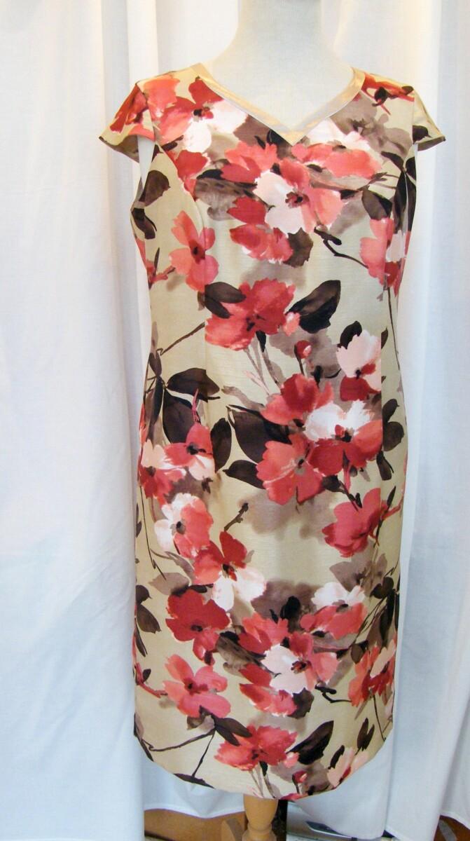 Jacques Vert OLD GOLD RANGE GOLD SHANTUNG SHIFT DRESS TERRACOTTA FLORAL PRINT MATCHING GOLD SHANTUNG JACKET