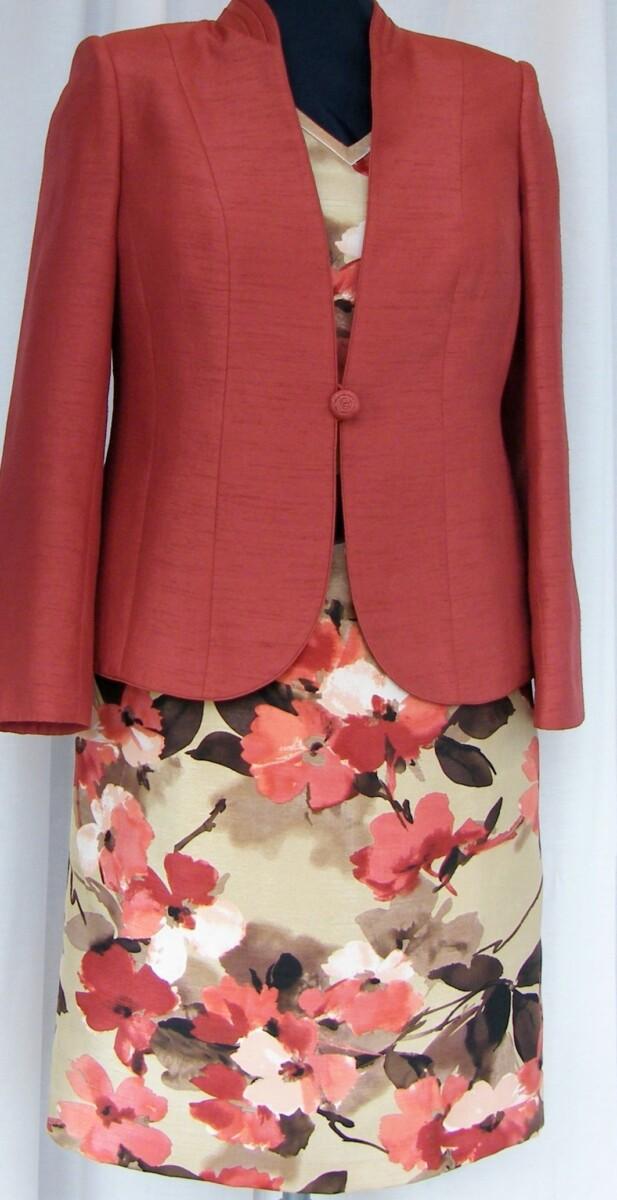 jacques vert OLD GOLD RANGE GOLD SHANTUNG SHIFT DRESS TERRACOTTA FLORAL PRINT MATCHING TERRACOTTA SHANTUNG JACKET