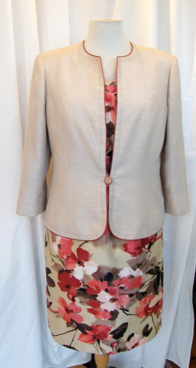 jacques vert OLD GOLD RANGE GOLD SHANTUNG SHIFT DRESS TERRACOTTA FLORAL PRINT MATCHING GOLD SHANTUNG JACKET