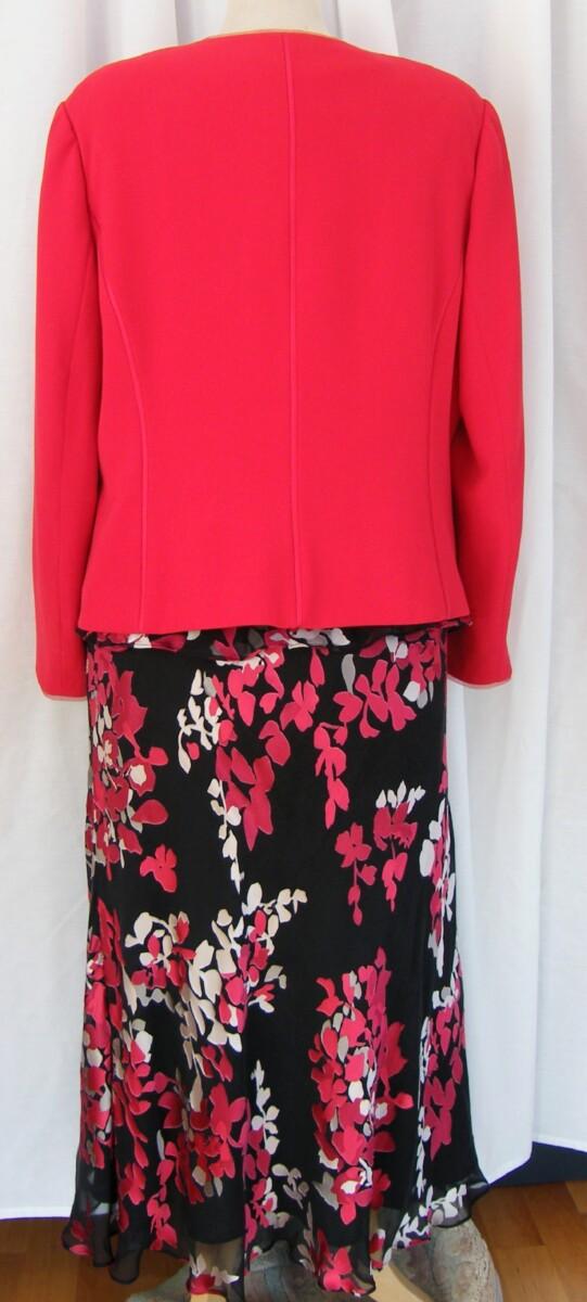 Jacques Vert ON THE BOARDWALK RANGE BLACK 49% SILK DEVORE SKIRT & TOP IVORY & SCARLET LEAF PRINT. SCARLET RED BRUSHED JACKET