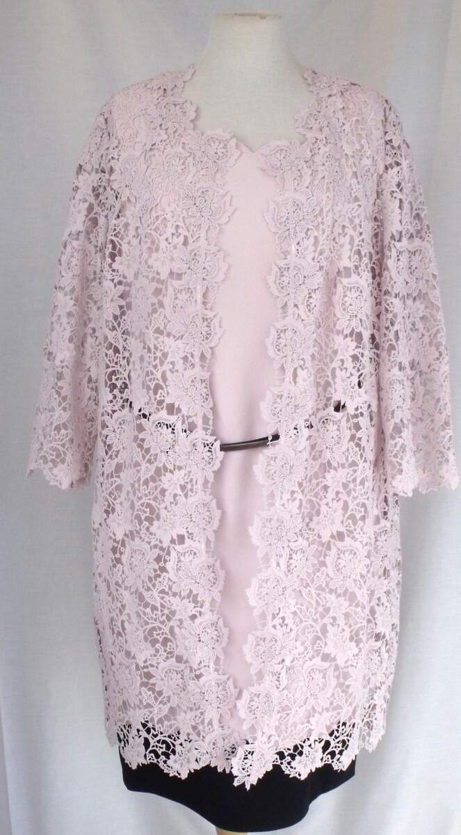 jacques vert PALE PINK CREPE SHIFT DRESS SCALLOPED EDGES BLACK CREPE HEM & WARM PINK LACE SHACKET