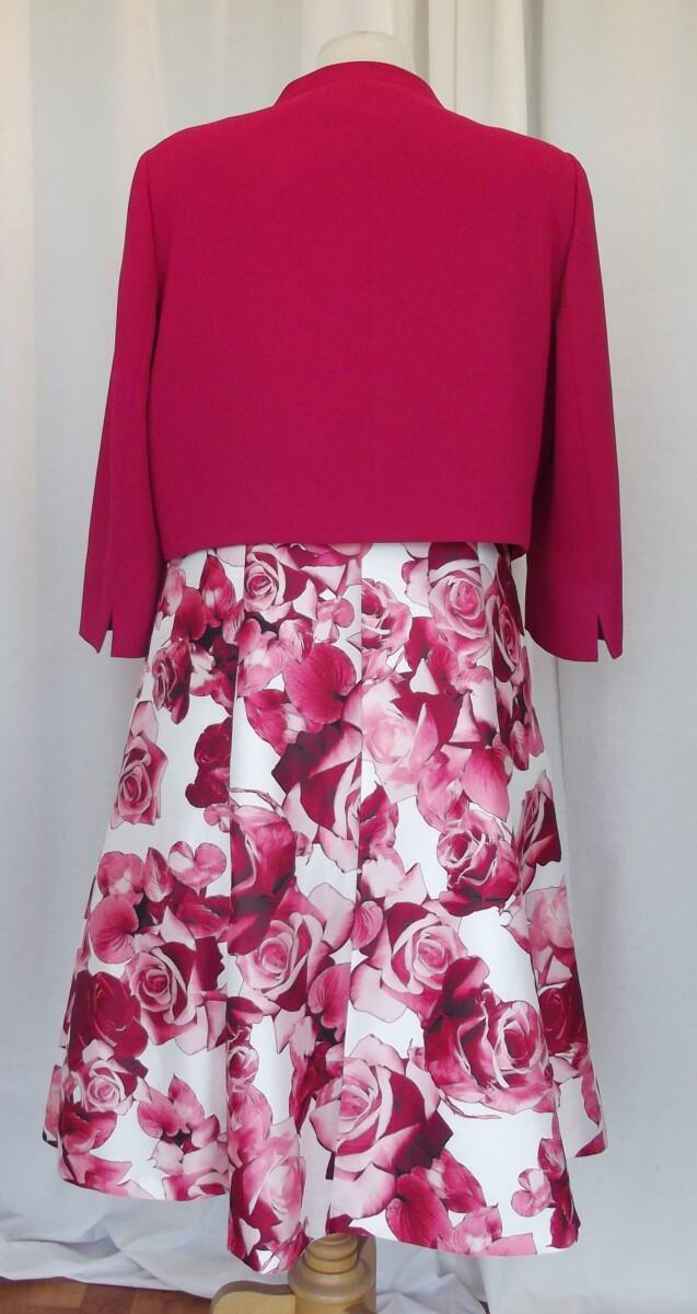 Jacques Vert PARK LANE RANGE IVORY SHANTUNG PROM DRESS ENGLISH ROSE PRINT MATCHING RED CREPE SHORT JACKET