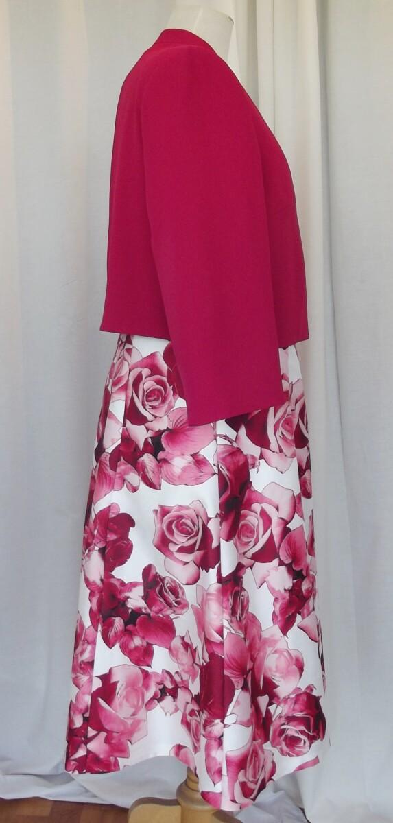 Jacques Vert PARK LANE RANGE IVORY SHANTUNG PROM DRESS ENGLISH ROSE PRINT MATCHING RED CREPE SHORT JACKET