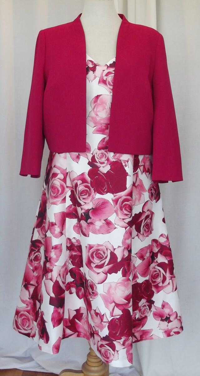 jacques vert PARK LANE RANGE IVORY SHANTUNG PROM DRESS ENGLISH ROSE PRINT MATCHING RED CREPE SHORT JACKET