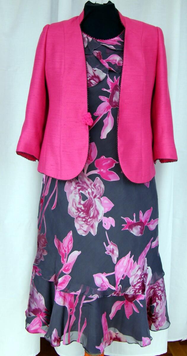 jacques vert PASSION & SLATE DARK GREY SILK DEVORE DRESS CERISE PRINT & CERISE (PIGMENT) JACKET