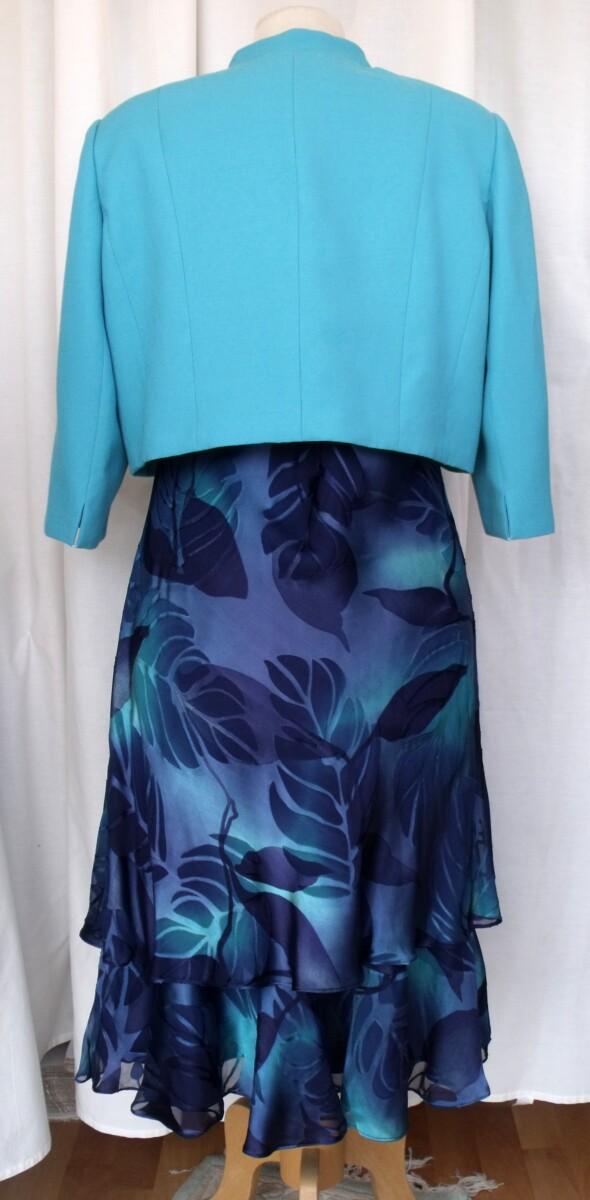 Jacques Vert PEACOCK RANGE 36% SILK DEVORE DRESS TURQUOISE & BLUE PRINT PEACOCK TURQUOISE SHORT JACKET