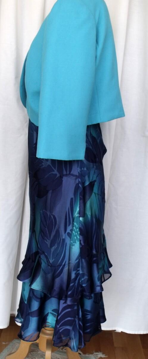 Jacques Vert PEACOCK RANGE 36% SILK DEVORE DRESS TURQUOISE & BLUE PRINT PEACOCK TURQUOISE SHORT JACKET