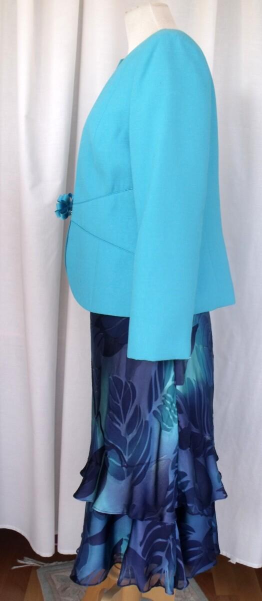 Jacques Vert PEACOCK RANGE 36% SILK DEVORE DRESS TURQUOISE & BLUE LEAF PRINT PEACOCK TURQUOISE JACKET