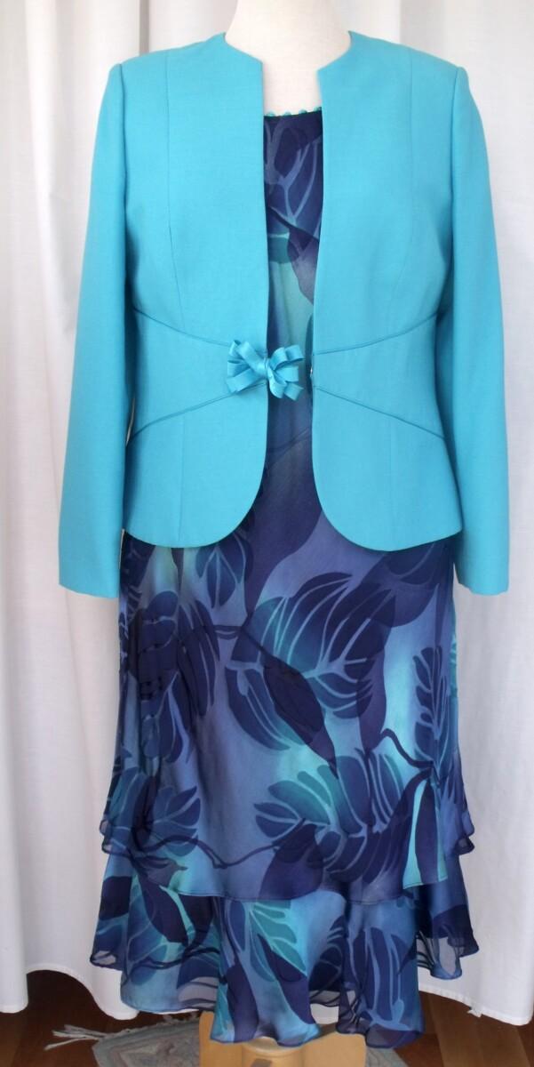 jacques vert PEACOCK RANGE 36% SILK DEVORE DRESS TURQUOISE & BLUE LEAF PRINT PEACOCK TURQUOISE JACKET