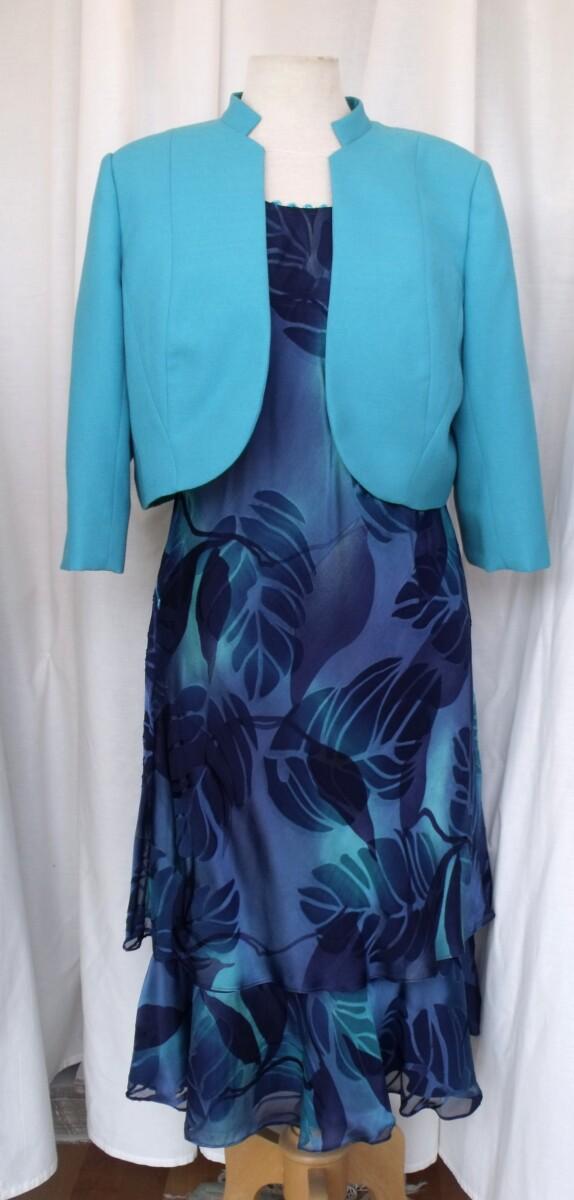 jacques vert PEACOCK RANGE 36% SILK DEVORE DRESS TURQUOISE & BLUE PRINT PEACOCK TURQUOISE SHORT JACKET