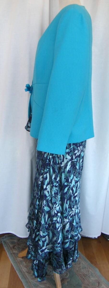 Jacques Vert PEACOCK RANGE 37% SILK DEVORE SKIRT & TOP TURQUOISE & BLUE LEAF PRINT PEACOCK TURQUOISE WOVEN JACKET