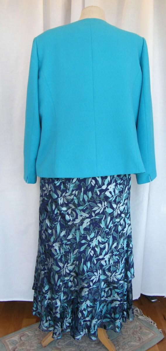 Jacques Vert PEACOCK RANGE 37% SILK DEVORE SKIRT & TOP TURQUOISE & BLUE LEAF PRINT PEACOCK TURQUOISE WOVEN JACKET