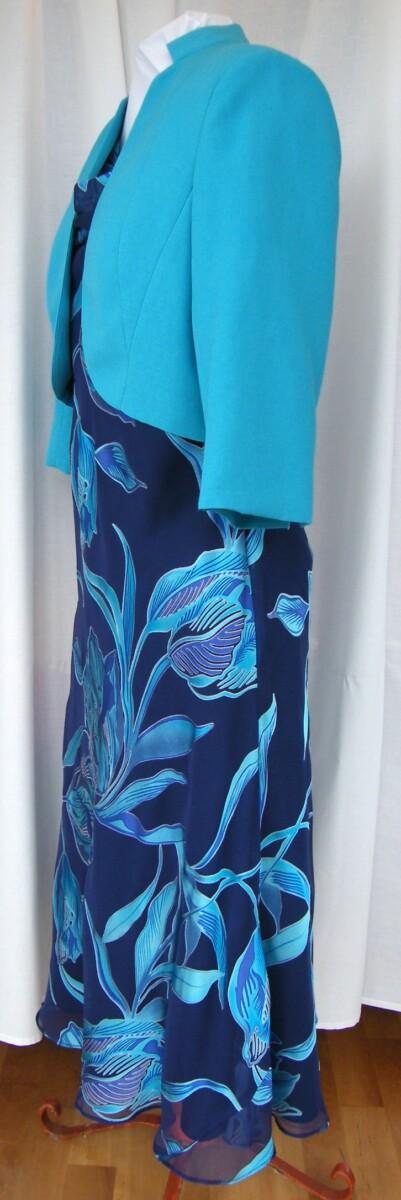 Jacques Vert PEACOCK RANGE NAVY DEVORE DRESS IN TURQUOISE & BLUE FLOWERHEAD PRINT & PEACOCK TURQUOISE SHORT JACKET