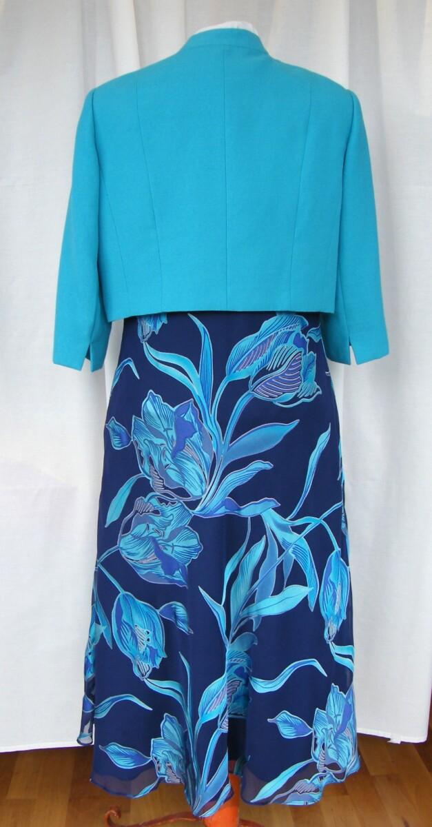 Jacques Vert PEACOCK RANGE NAVY DEVORE DRESS IN TURQUOISE & BLUE FLOWERHEAD PRINT & PEACOCK TURQUOISE SHORT JACKET