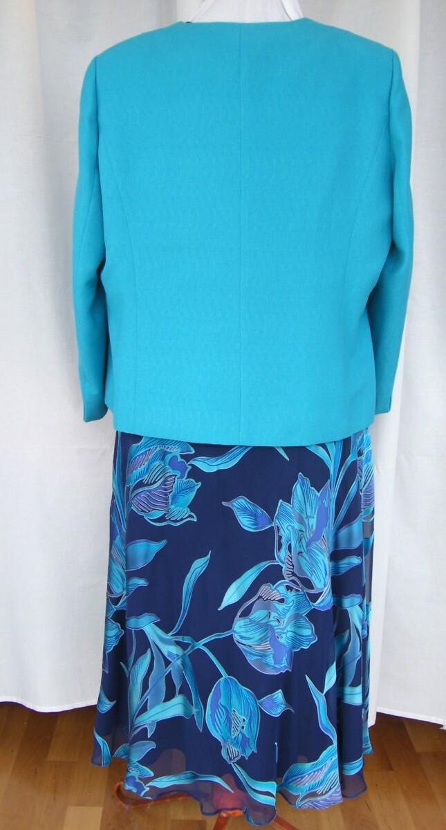 Jacques Vert PEACOCK RANGE NAVY DEVORE DRESS IN TURQUOISE & BLUE FLOWER HEAD PRINT & PEACOCK TURQUOISE WOVEN JACKET